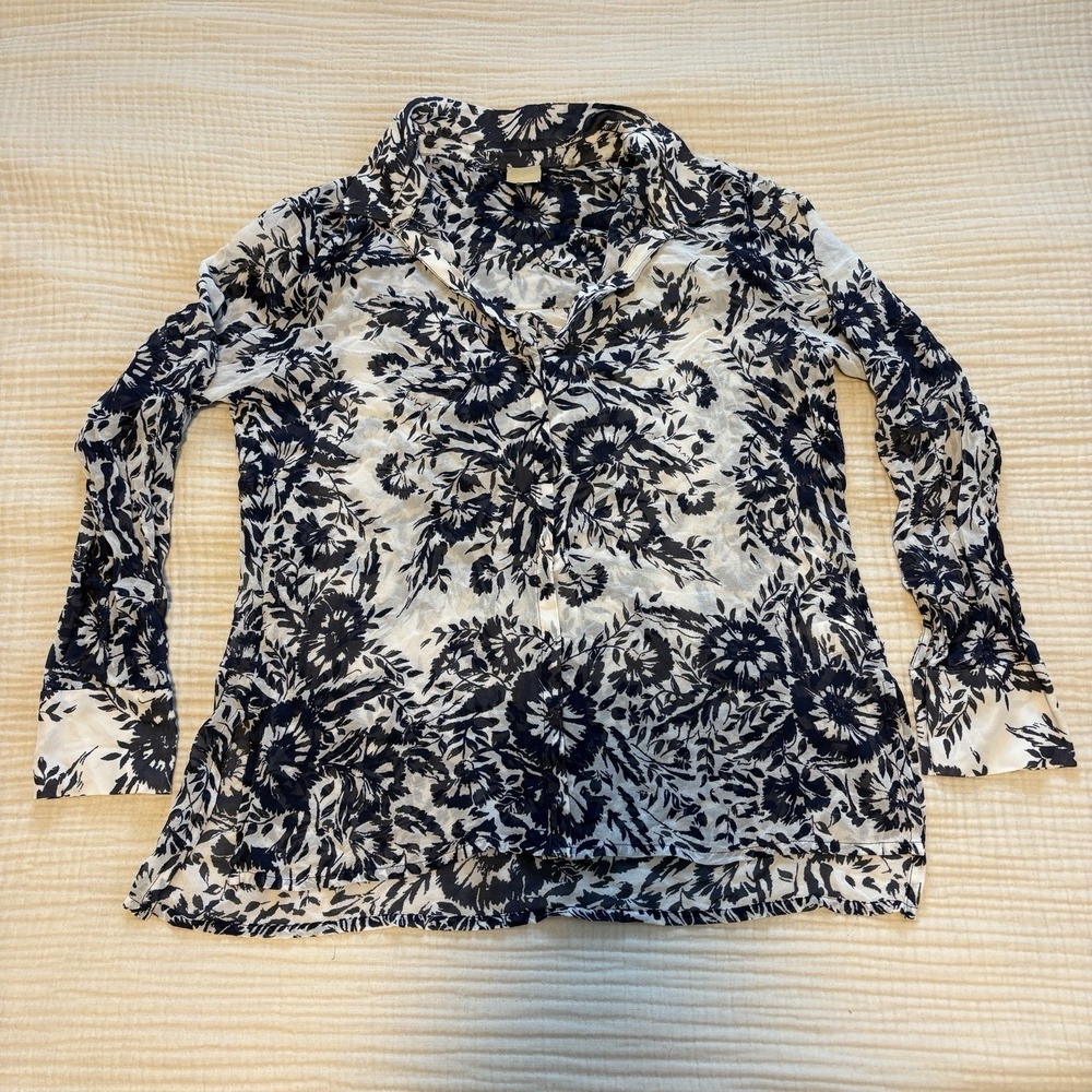 Ecru 100% Silk V-Neck Blouse Womens‎ Sz Medium Blue Floral Sheet Lightweight